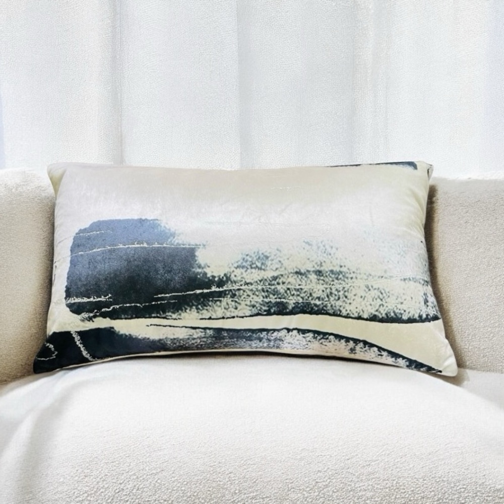 CALLISTO HOME Metallic Silver Foil Blue Velvet Lumbar Throw Pillow 14 x
23” New